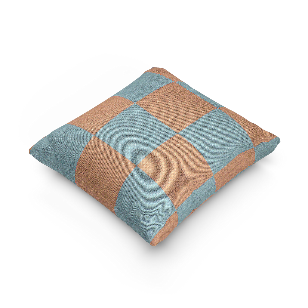 Danish Blue Vintage Salmon Checker Woven Pillow side