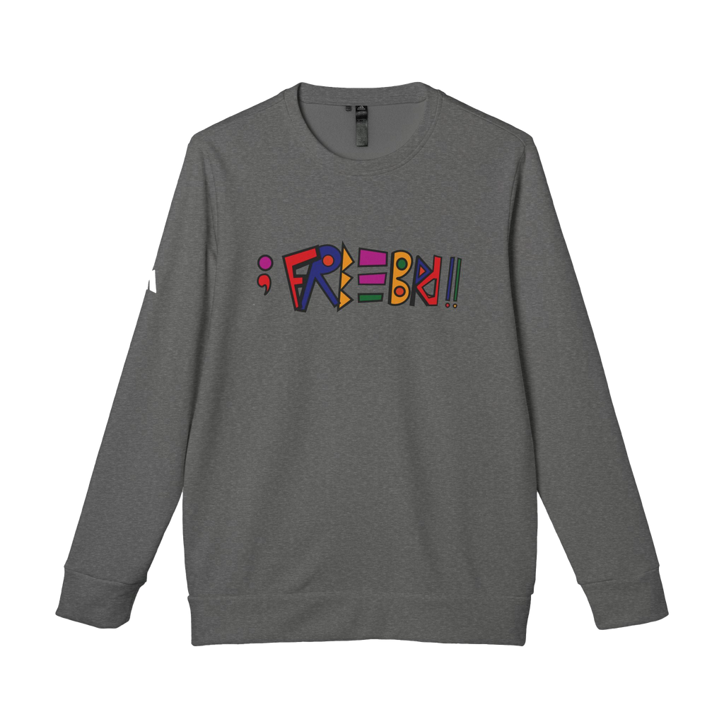 Dark Grey Heather Freebrd Custom Adidas Crewneck Sweatshirt with ';Freebrd' Designed in Colored Freebrd text on the front chest of apparel and Adidas Brand Logo on right sleeve