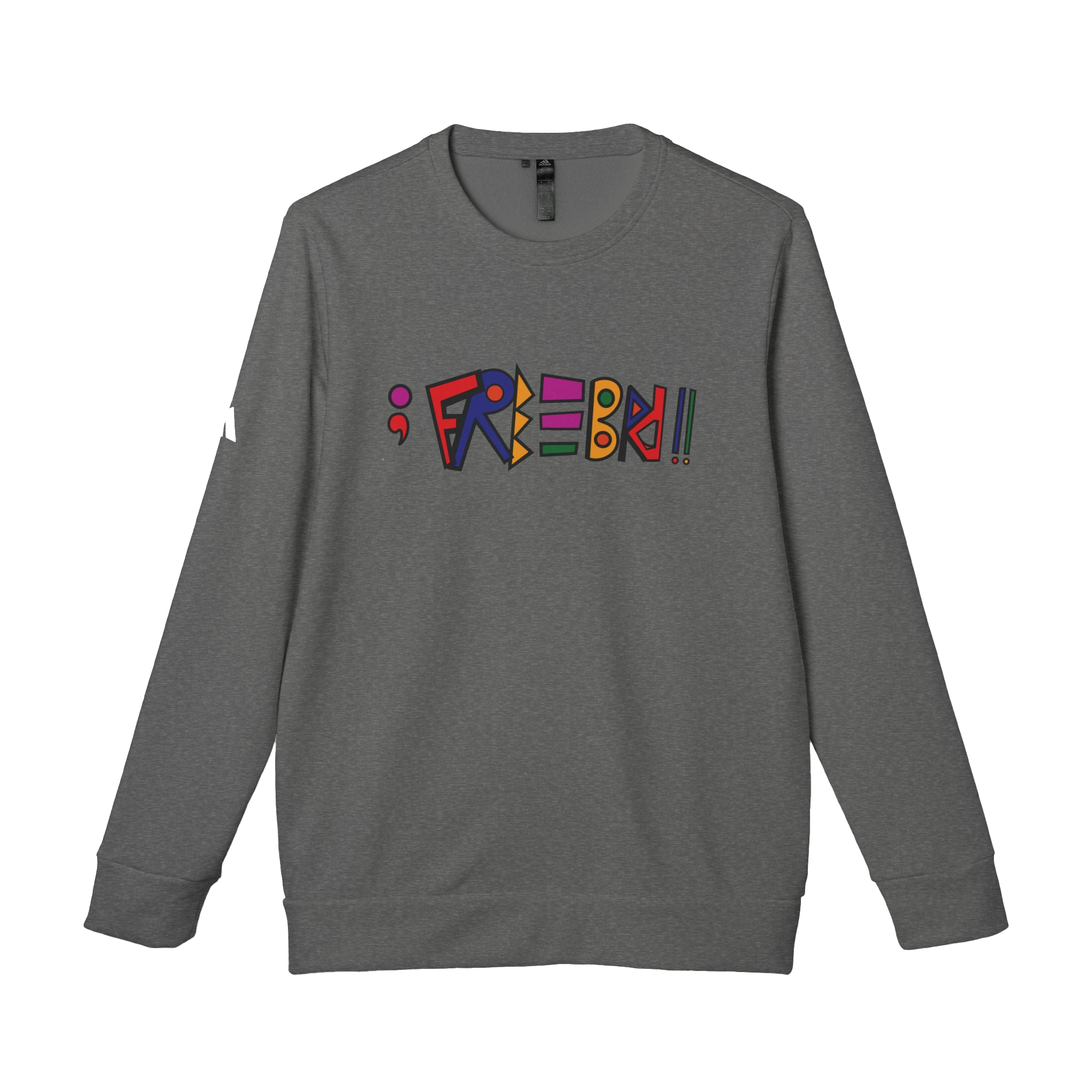 Dark Grey Heather Freebrd Custom Adidas Crewneck Sweatshirt with ';Freebrd' Designed in Colored Freebrd text on the front chest of apparel and Adidas Brand Logo on right sleeve