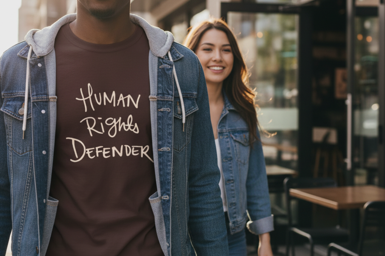 Two people walking outdoors with a focus on the person wearing a  Freebrd designed 'Human Rights Defender' shirt.