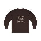 Dark Chocolate long-sleeve shirt with 'Human Rights Defender' in kahki text 

