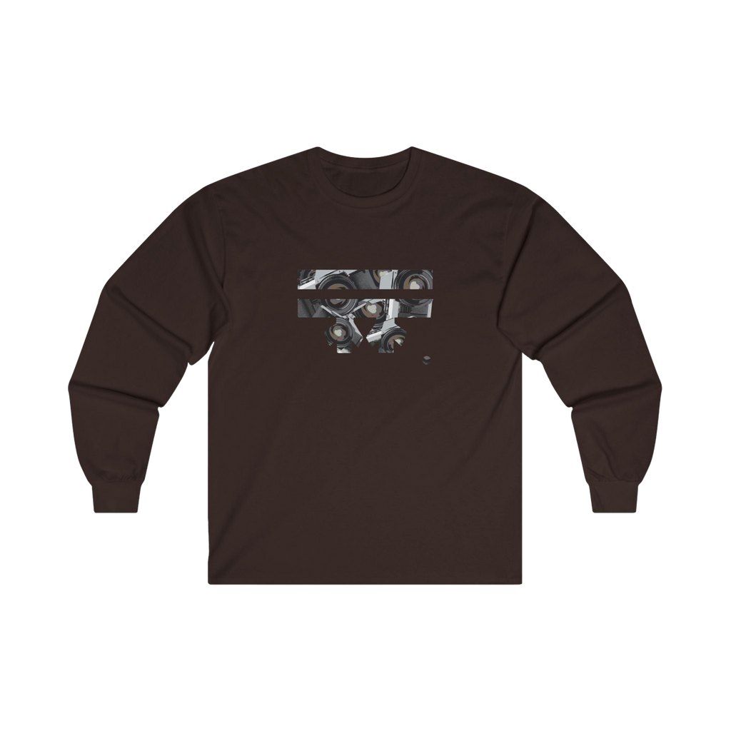 Dark chocolate long-sleeve shirt with a black and white Retro Camera Freebrd Logo design
 