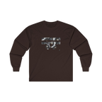 Dark chocolate long-sleeve shirt with a black and white Retro Camera Freebrd Logo design
 