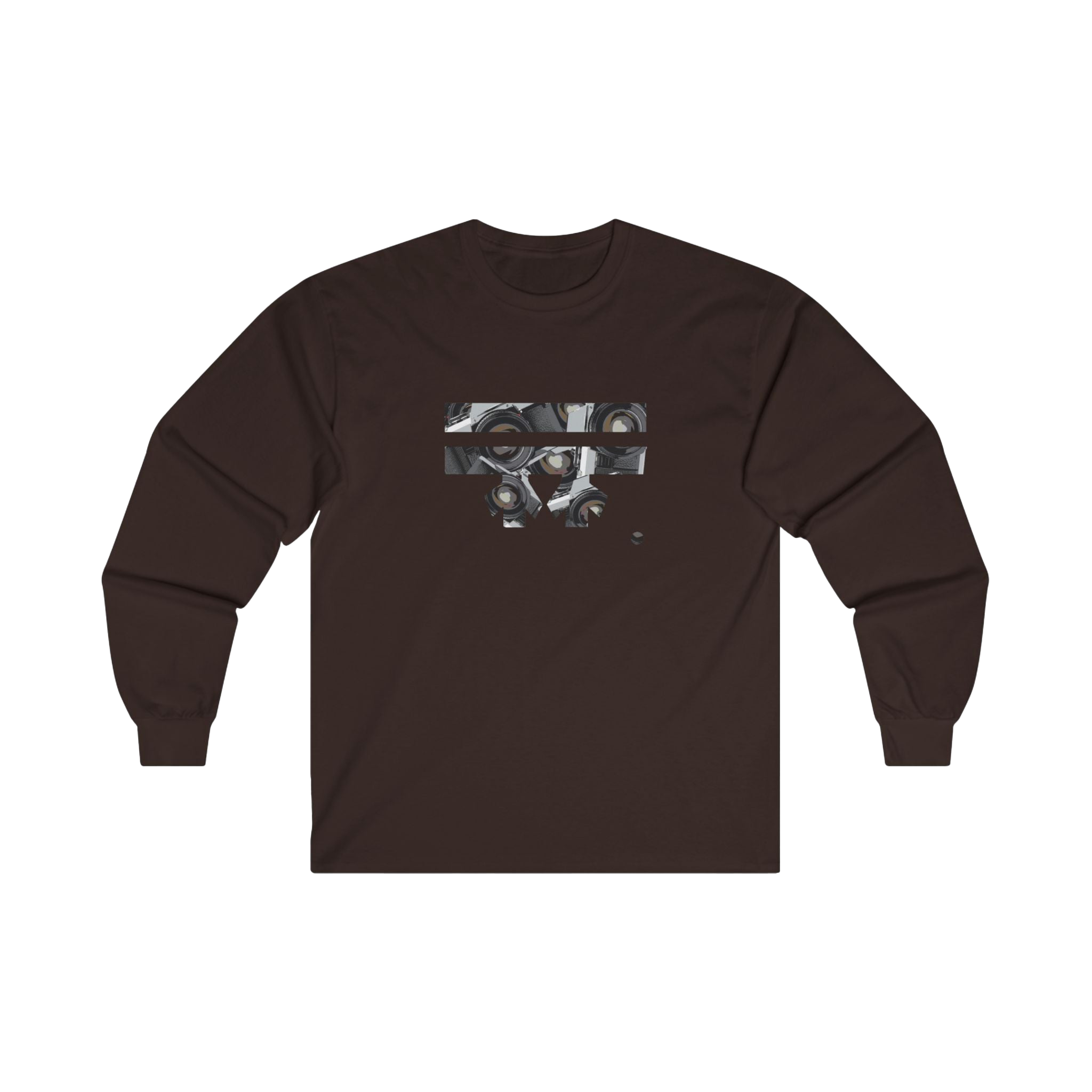Dark chocolate long-sleeve shirt with a black and white Retro Camera Freebrd Logo design
 