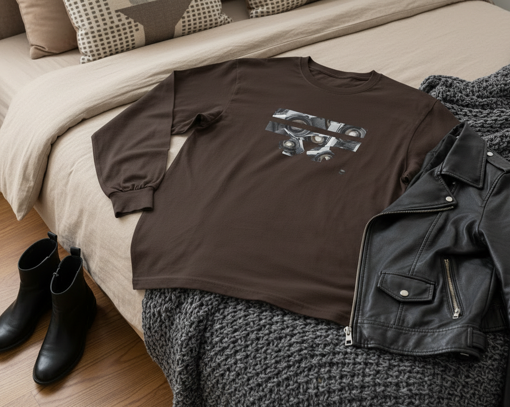 Brown Freebrd retro camera designed t-shirt with graphic design on a bed with black leather jacket and boots.