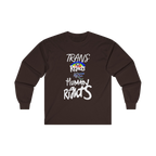 Dark Chocolate long-sleeve shirt with 'Trans Rights Are Human Rights' in white text and rainbow design 


