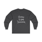Dark Heather long-sleeve shirt with 'Human Rights Defender' in white text 