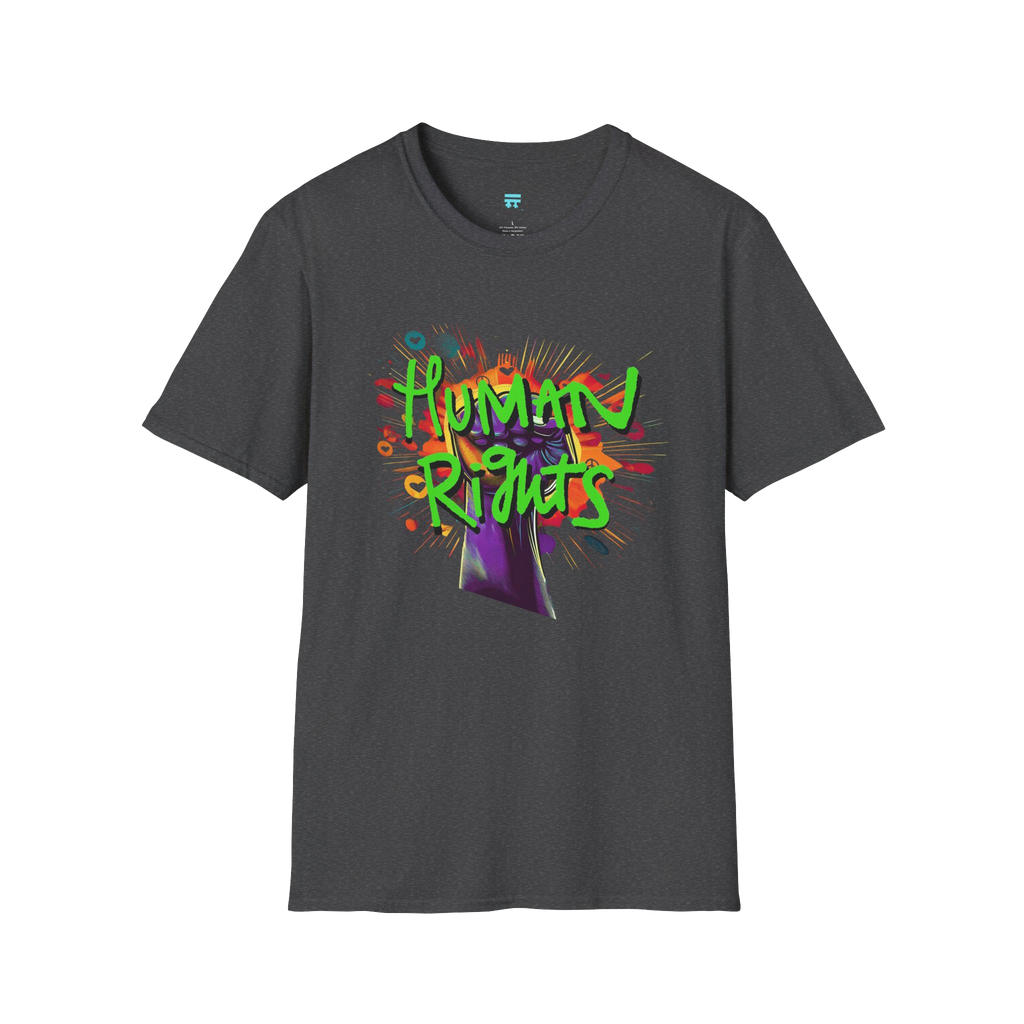 Dark Heather t-shirt with colorful 'Human Rights' graphic 

