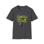 Dark Heather t-shirt with colorful 'Human Rights' graphic 

