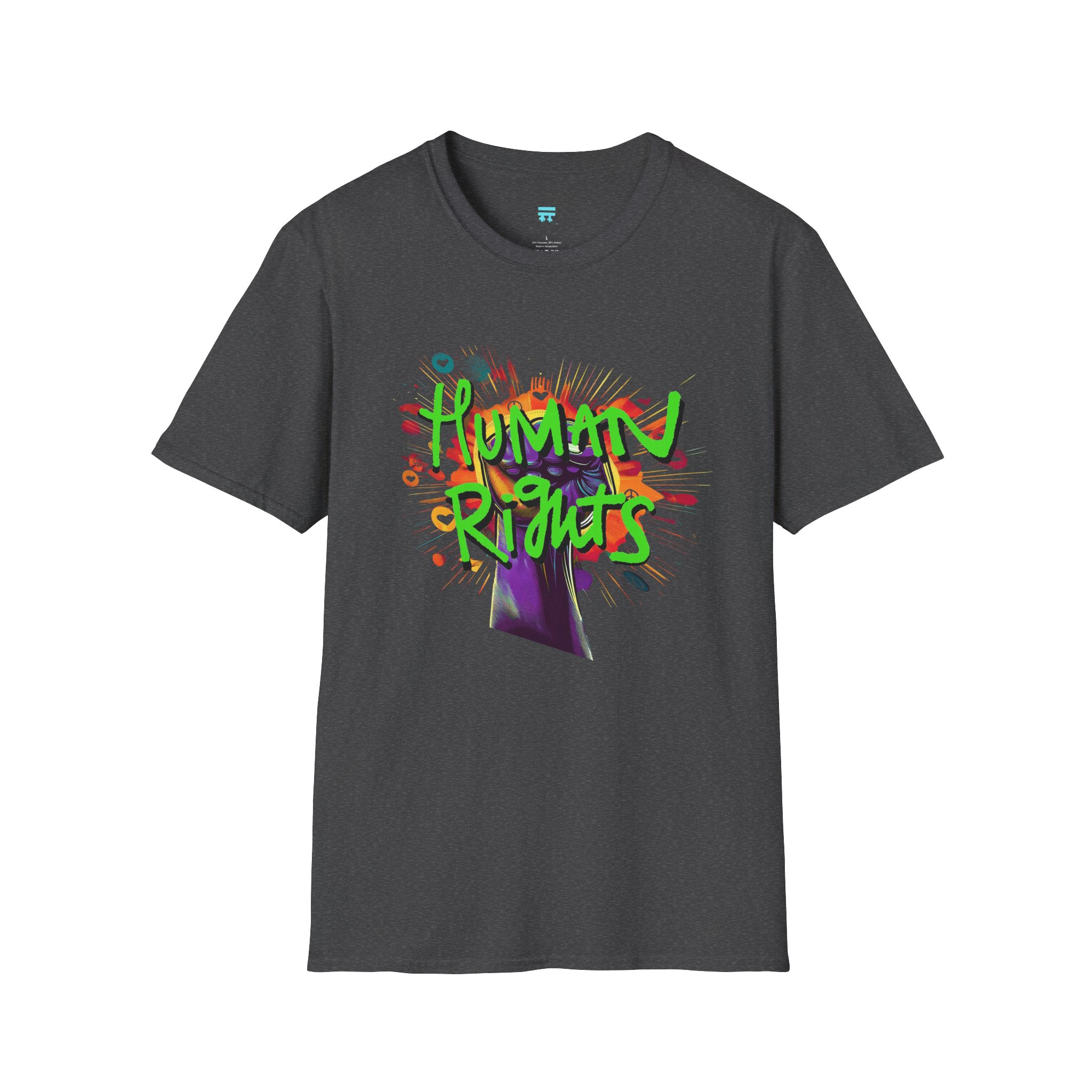 Dark Heather t-shirt with colorful 'Human Rights' graphic 

