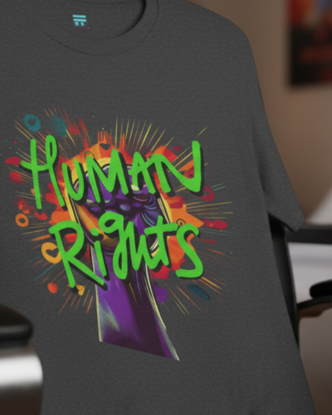 Freebrd T-shirt with 'Human Rights' design on a desk chair