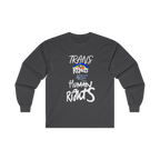 Dark Heather long-sleeve shirt with 'Trans Rights Are Human Rights' in white text and rainbow design 

