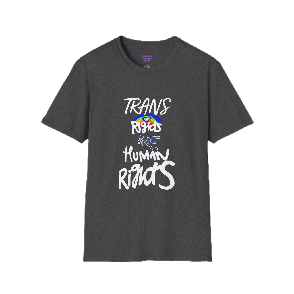 Dark Heather Trans Rights Are Human Rights T-Shirt with purple Freebrd logo on inside tag