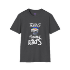 Dark Heather Trans Rights Are Human Rights T-Shirt with purple Freebrd logo on inside tag