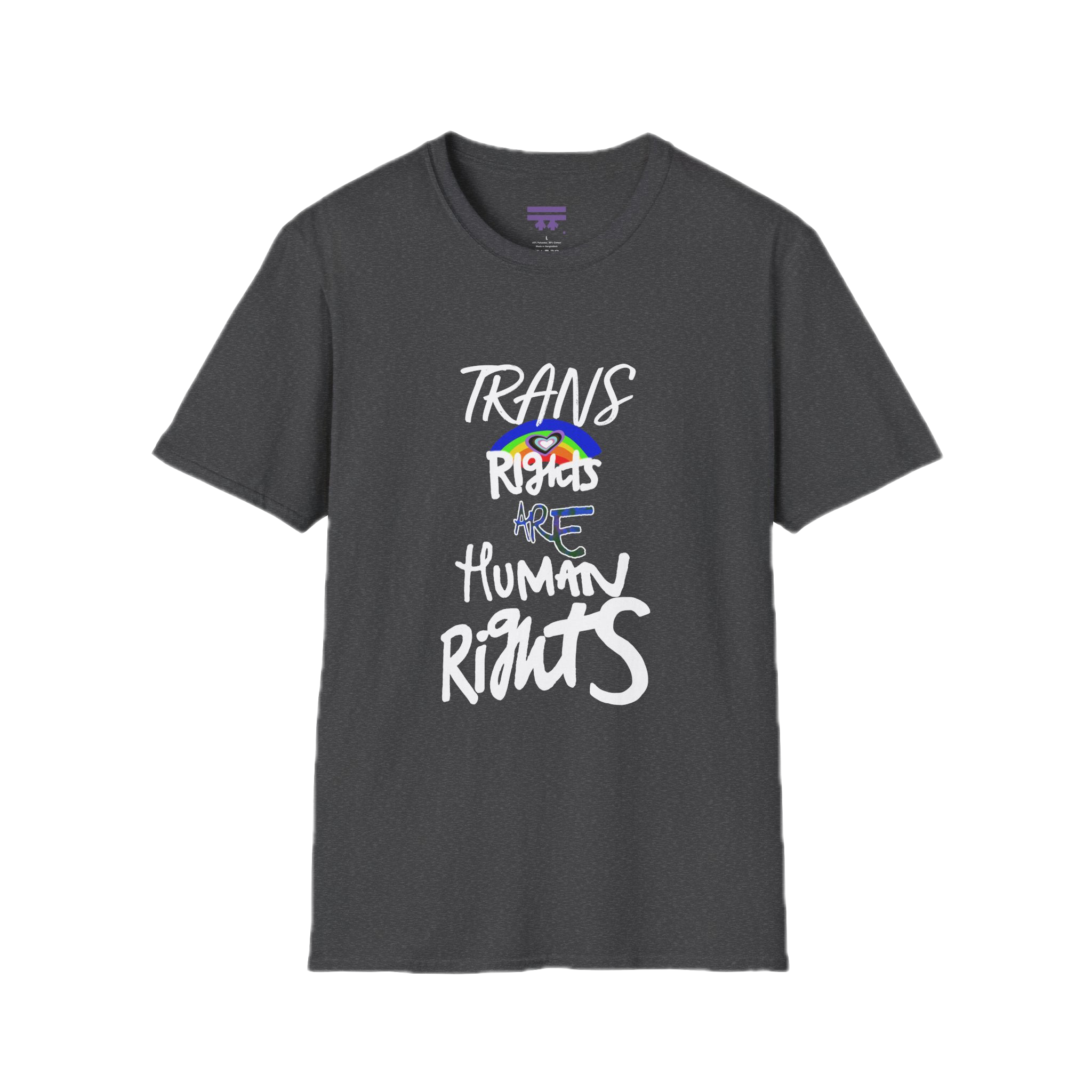 Dark Heather Trans Rights Are Human Rights T-Shirt with purple Freebrd logo on inside tag
