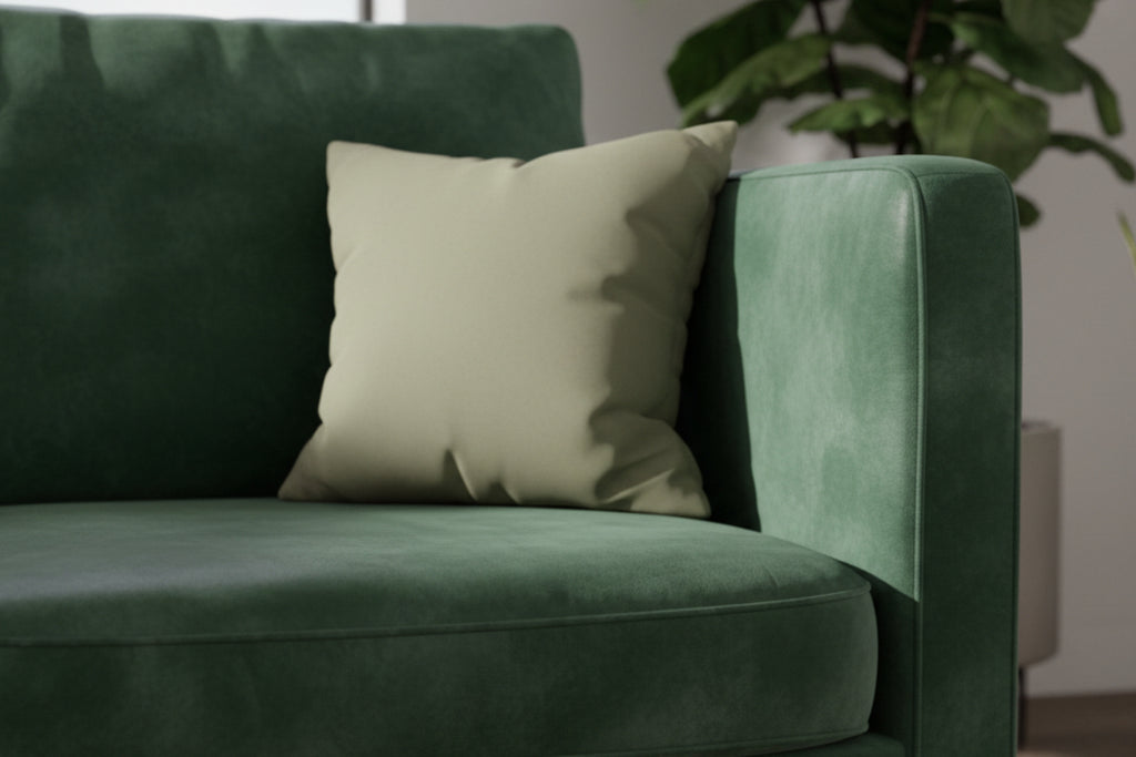 Dark Neutral Wood Colored Faux Suede  pillow on a green textured sofa with a blurred green plant in the background