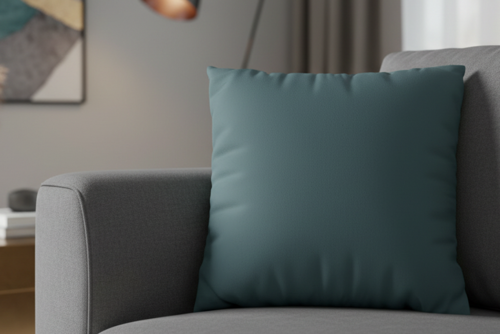 Deep Space Sparkle Teal Faux Suede Square Pillowcase on a grey couch