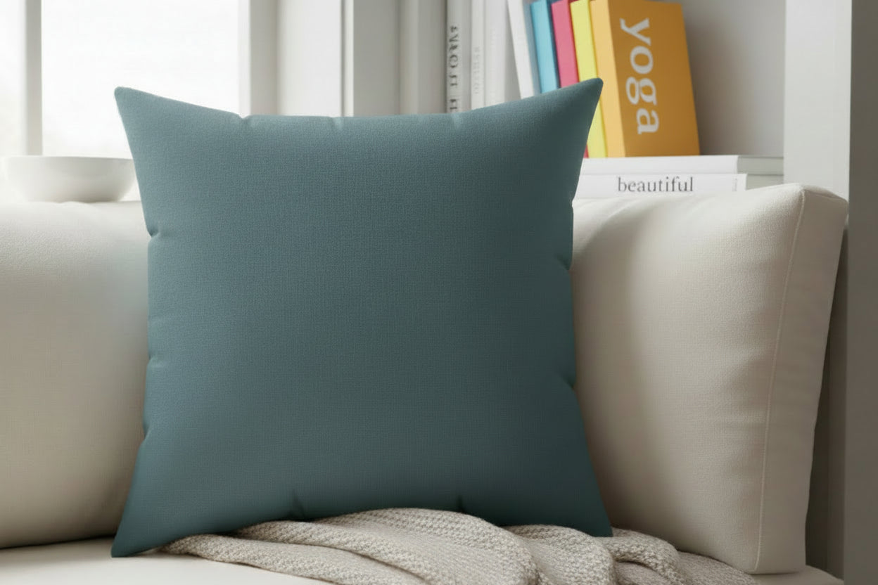 Deep Space Sparkle Teal Faux Suede Square Pillow on a beige couch with books in the background