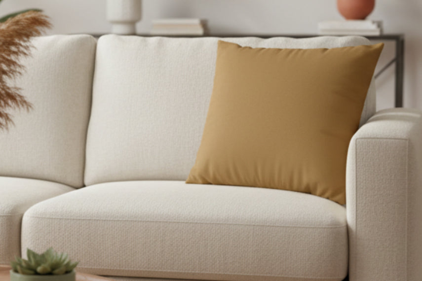 Driftwood Brown Faux Suede Square Pillow on a beige sofa 