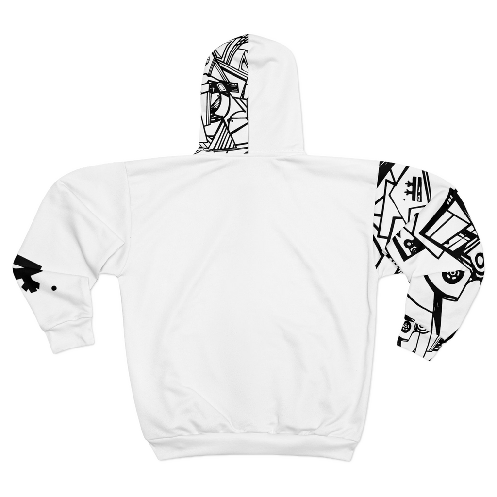 White hoodie with black abstract Freebrd "Eciptic" design
