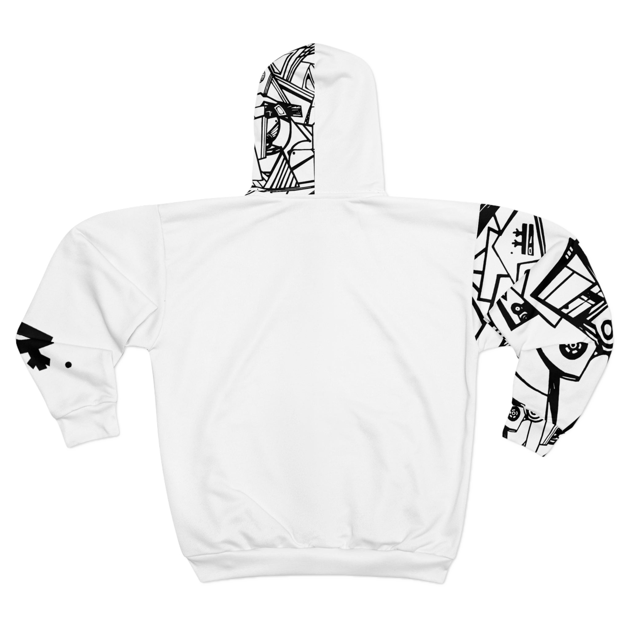 White hoodie with black abstract Freebrd "Eciptic" design