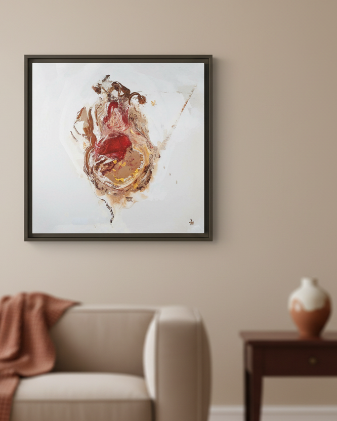 Freebrd "Facelift" espresso framed abstract art piece on a wall in a living room setting.