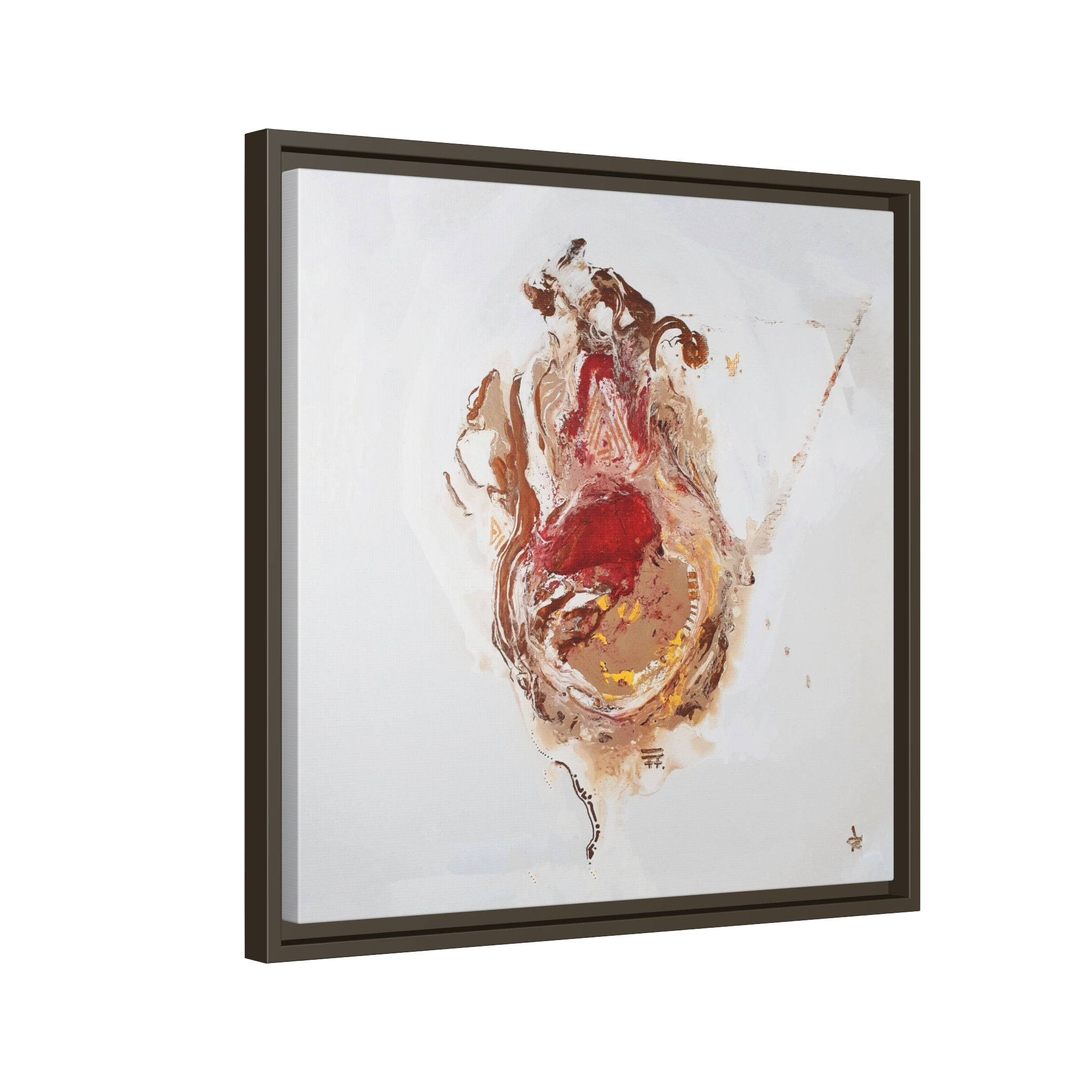  20″ x 20″ "Face Lift" Freebrd Abstract Acrylic Painting Wall Art Print of a stylized figure with an espresso frame and red earth tones on a light background