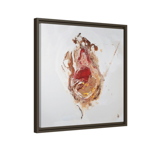  20″ x 20″ "Face Lift" Freebrd Abstract Acrylic Painting Wall Art Print of a stylized figure with an espresso frame and red earth tones on a light background