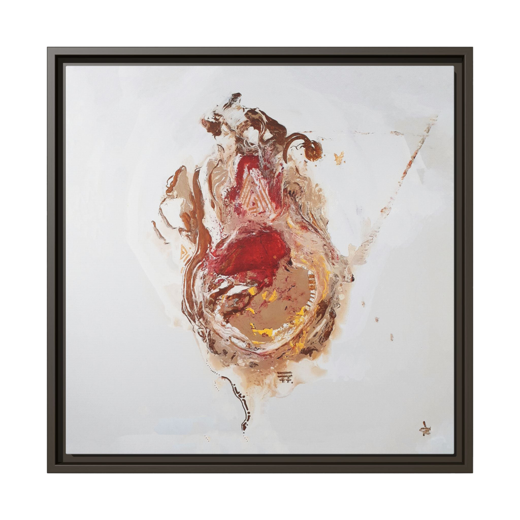  20″ x 20″ "Face Lift" Freebrd Abstract Acrylic Painting Wall Art Print of a stylized figure with an espresso frame and red earth tones on a light background