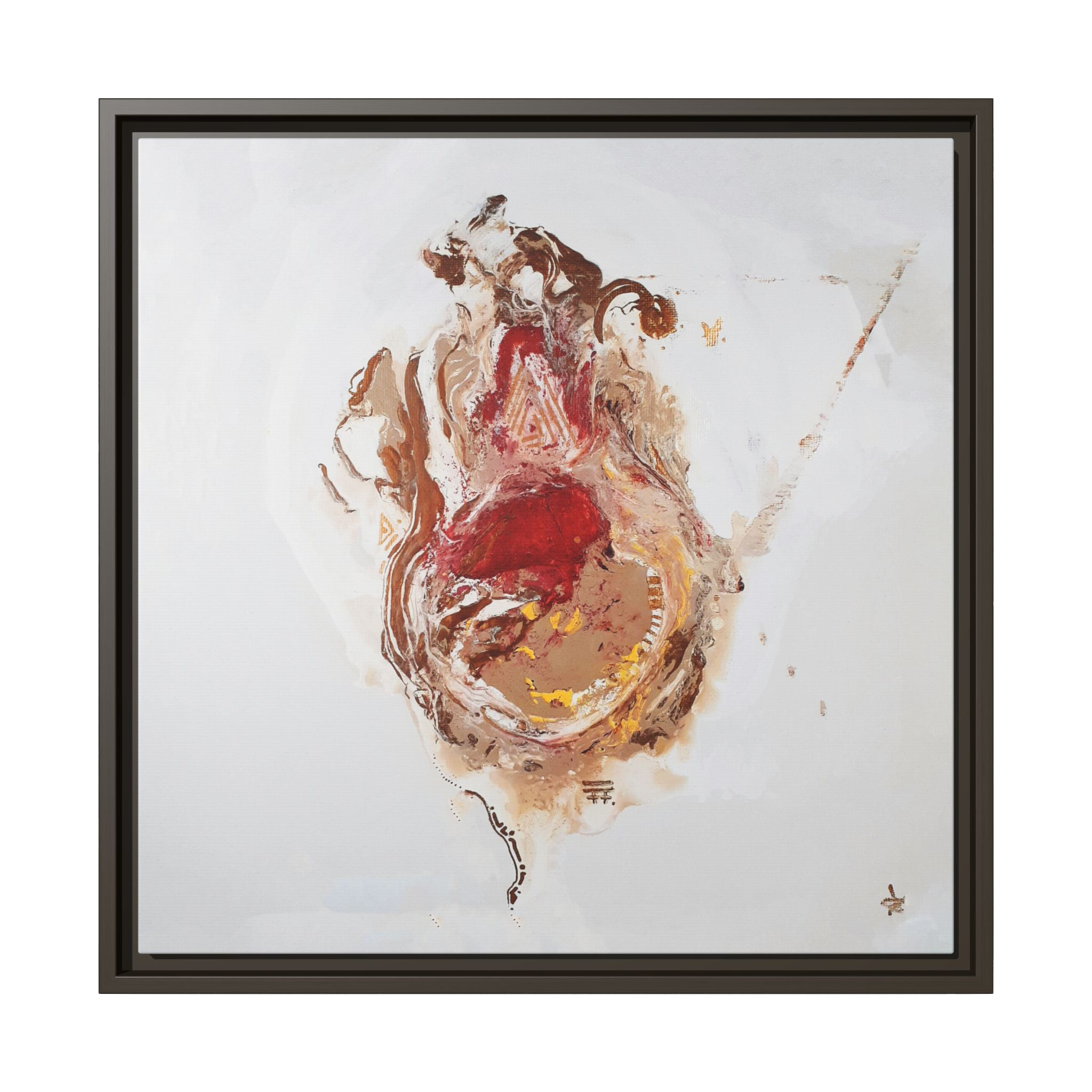  20″ x 20″ "Face Lift" Freebrd Abstract Acrylic Painting Wall Art Print of a stylized figure with an espresso frame and red earth tones on a light background