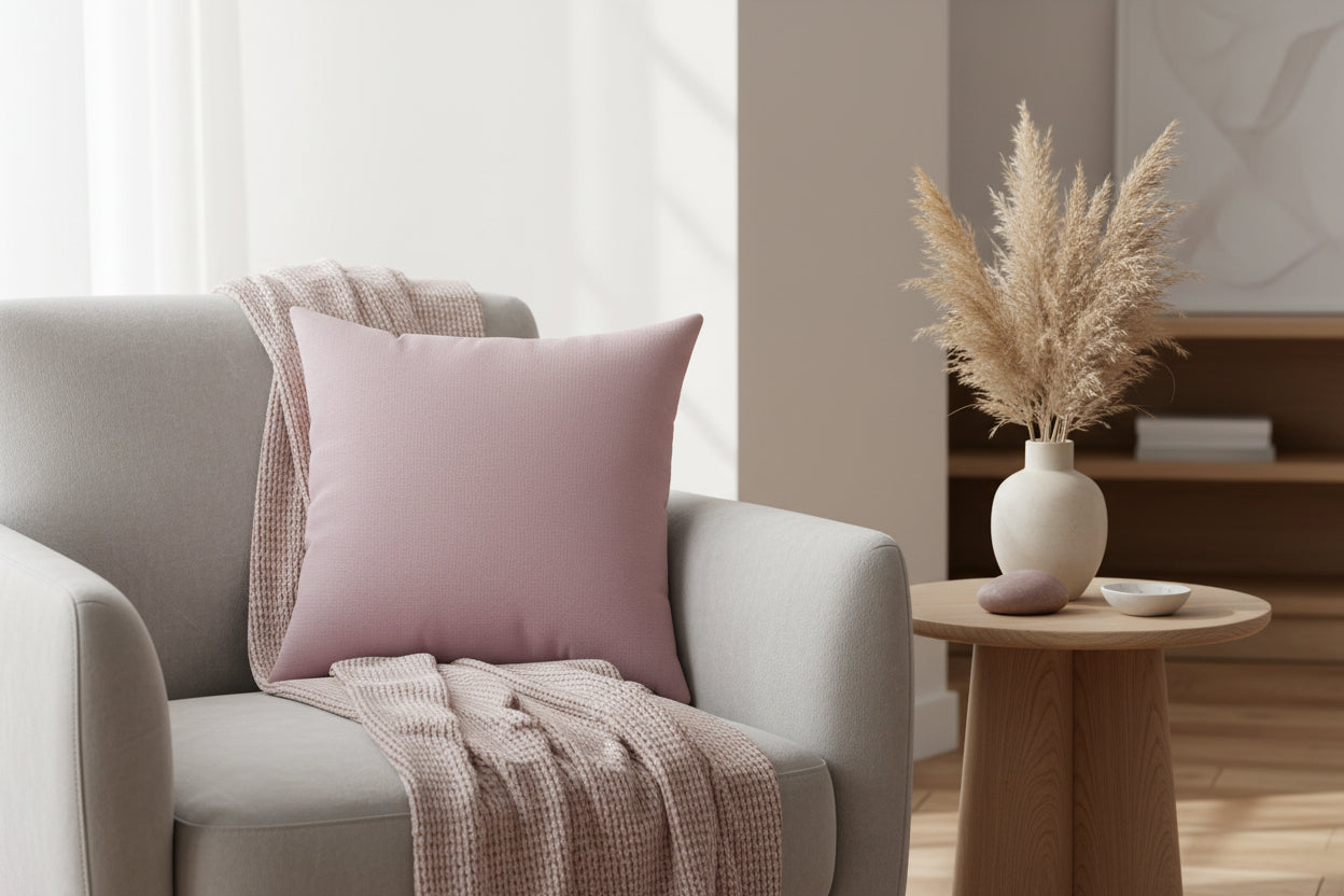 Solid soft pink faded calla lilly fauz suede pillow on a modern sfoa chair creating a  serene Nordic minimalist lifestyle scene.