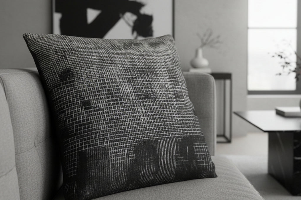 Faded Geometric Net Patterned Woven Pillow on a sofa in a living room setting