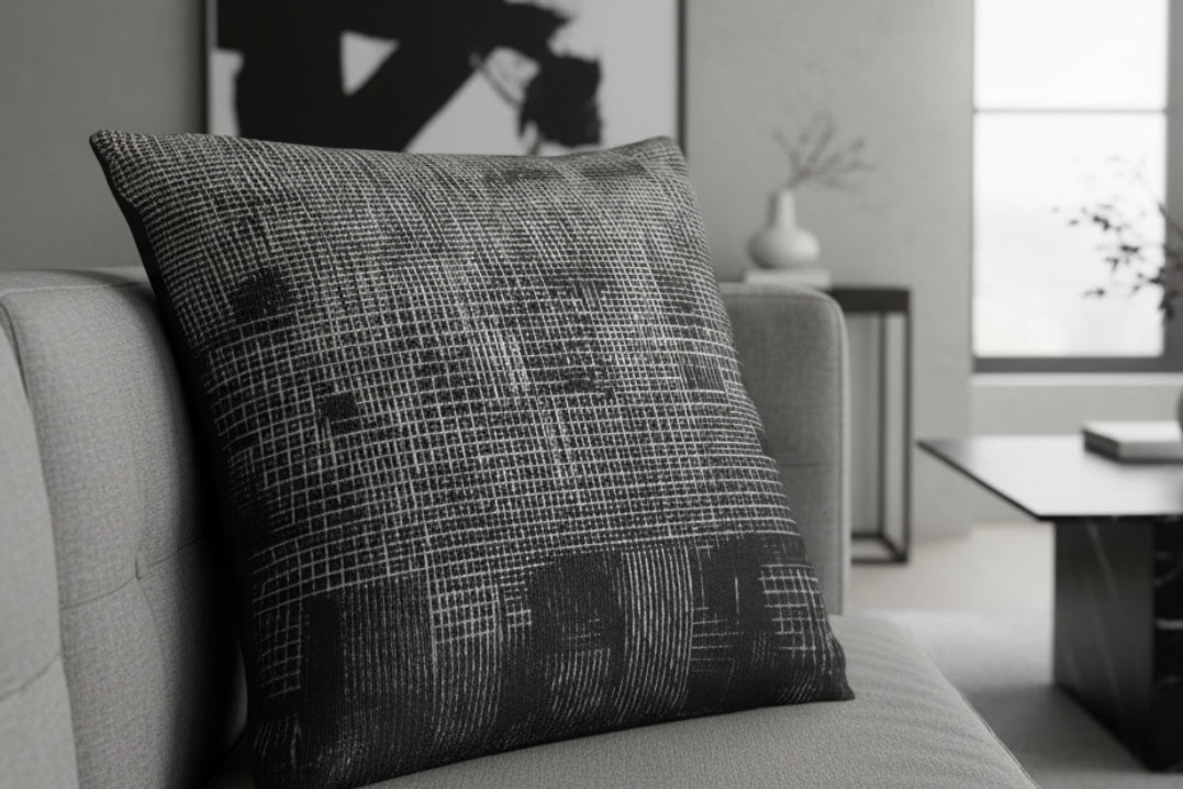 Faded Geometric Net Patterned Woven Pillow on a sofa in a living room setting
