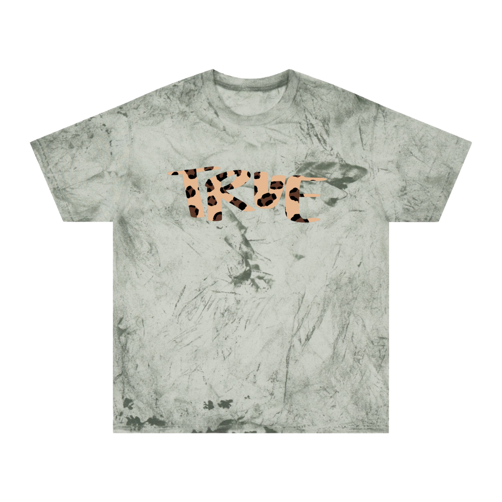 Fern marble-patterned tie dye t-shirt with 'true' text in cheetah print text