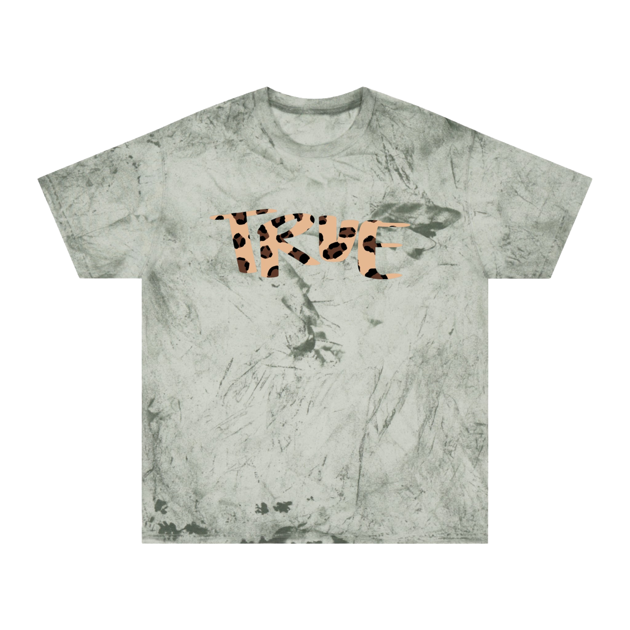 Fern marble-patterned tie dye t-shirt with 'true' text in cheetah print text