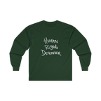 Forest Green long-sleeve shirt with 'Human Rights Defender' in white text 

