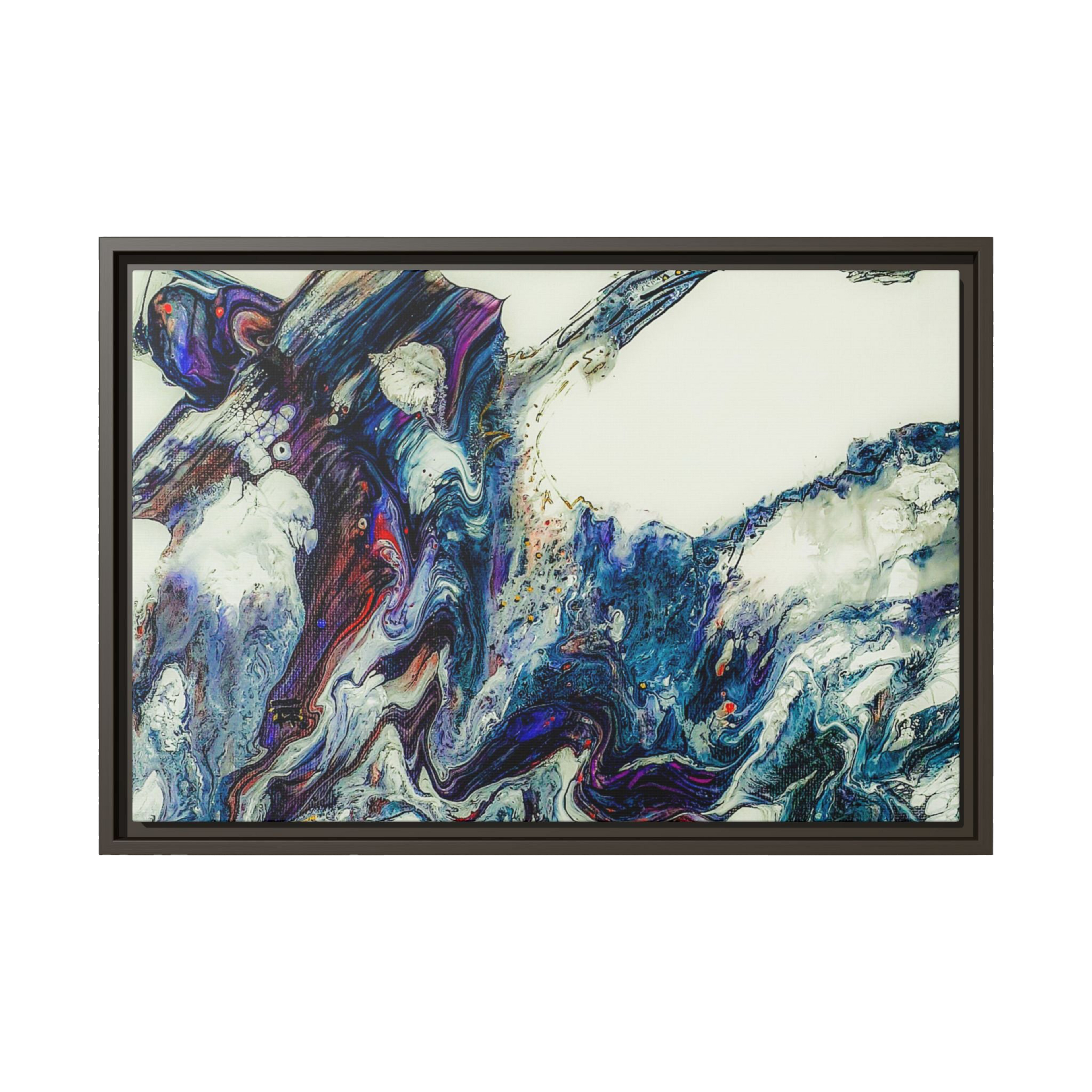 24″ x 16″ "Afrostar" Freebrd Espresso frame with abstract art on 1.25" inch thick canvas showing swirling colors on a white background