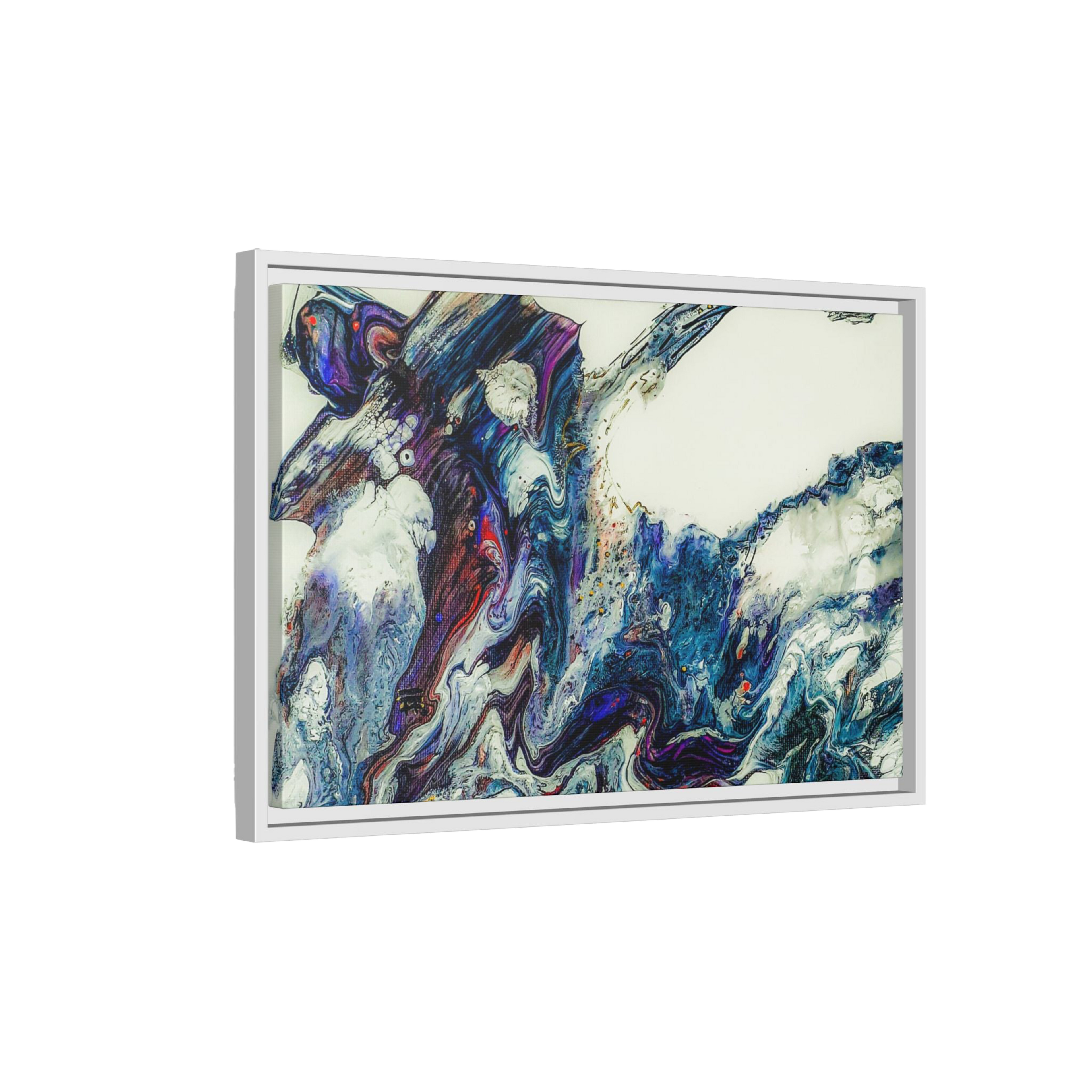 24″ x 16″ "Afrostar" Freebrd Whiteframe with abstract art on 1.25" inch thick canvas showing swirling colors on a white background