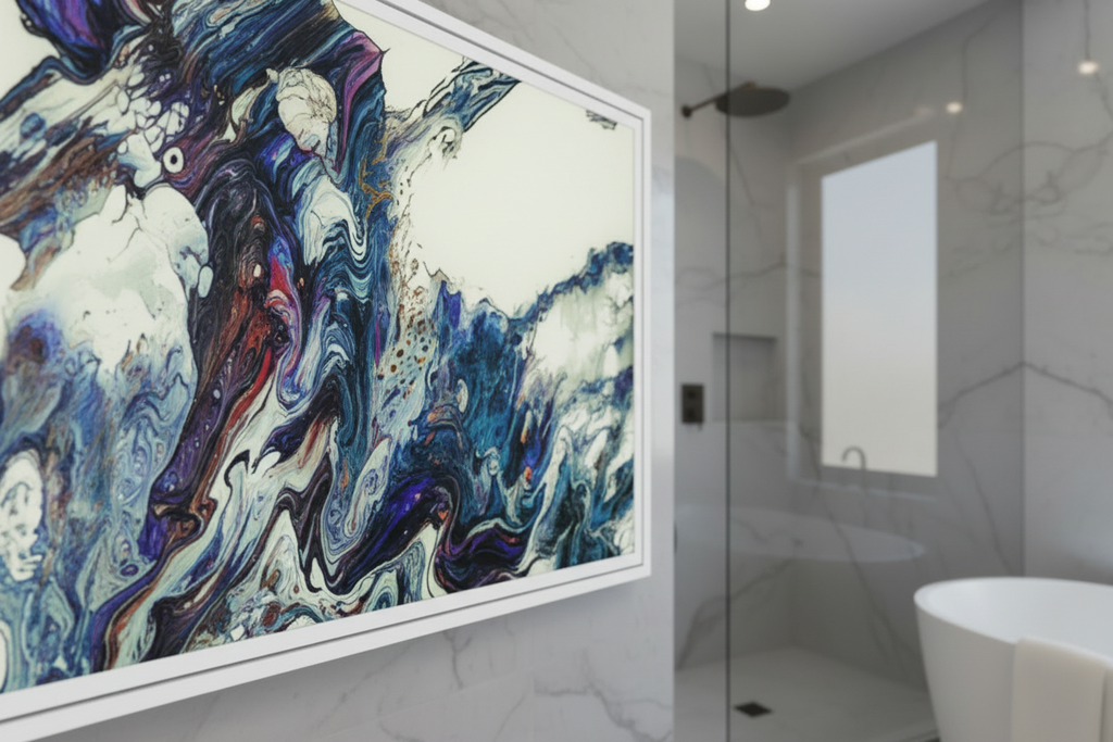 Freebrd "Afrostar" Abstract art piece on a wall in a modern bathroom