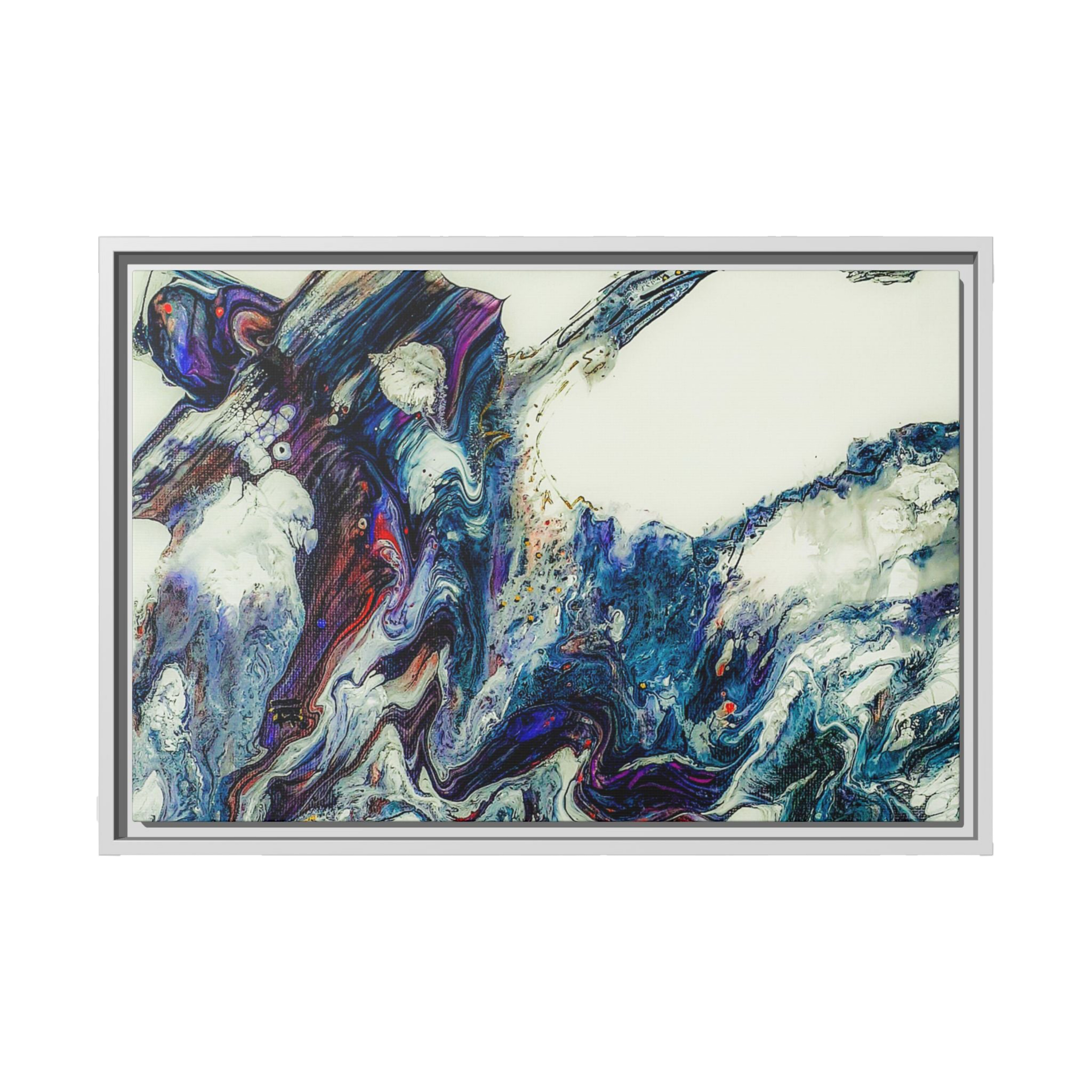 24″ x 16″ "Afrostar" Freebrd White frame with abstract art on 1.25" inch thick canvas showing swirling colors on a white background