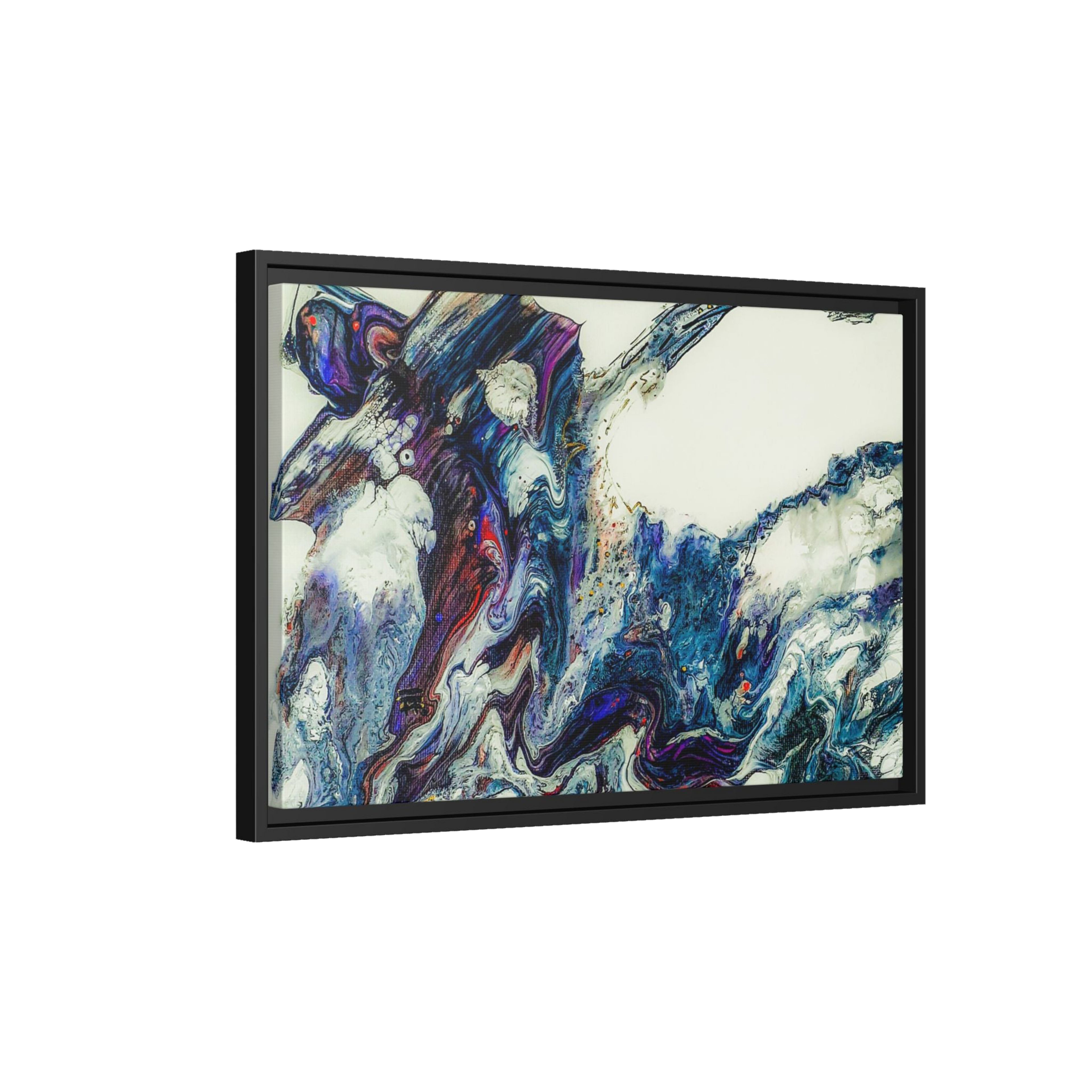 24″ x 16″ "Afrostar" Freebrd Blackframe with abstract art on 1.25" inch thick canvas showing swirling colors on a white background