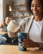Woman pouring steaming hot liquid from a teapot into a Freebrd abstract travel mug in a cozy cafe.