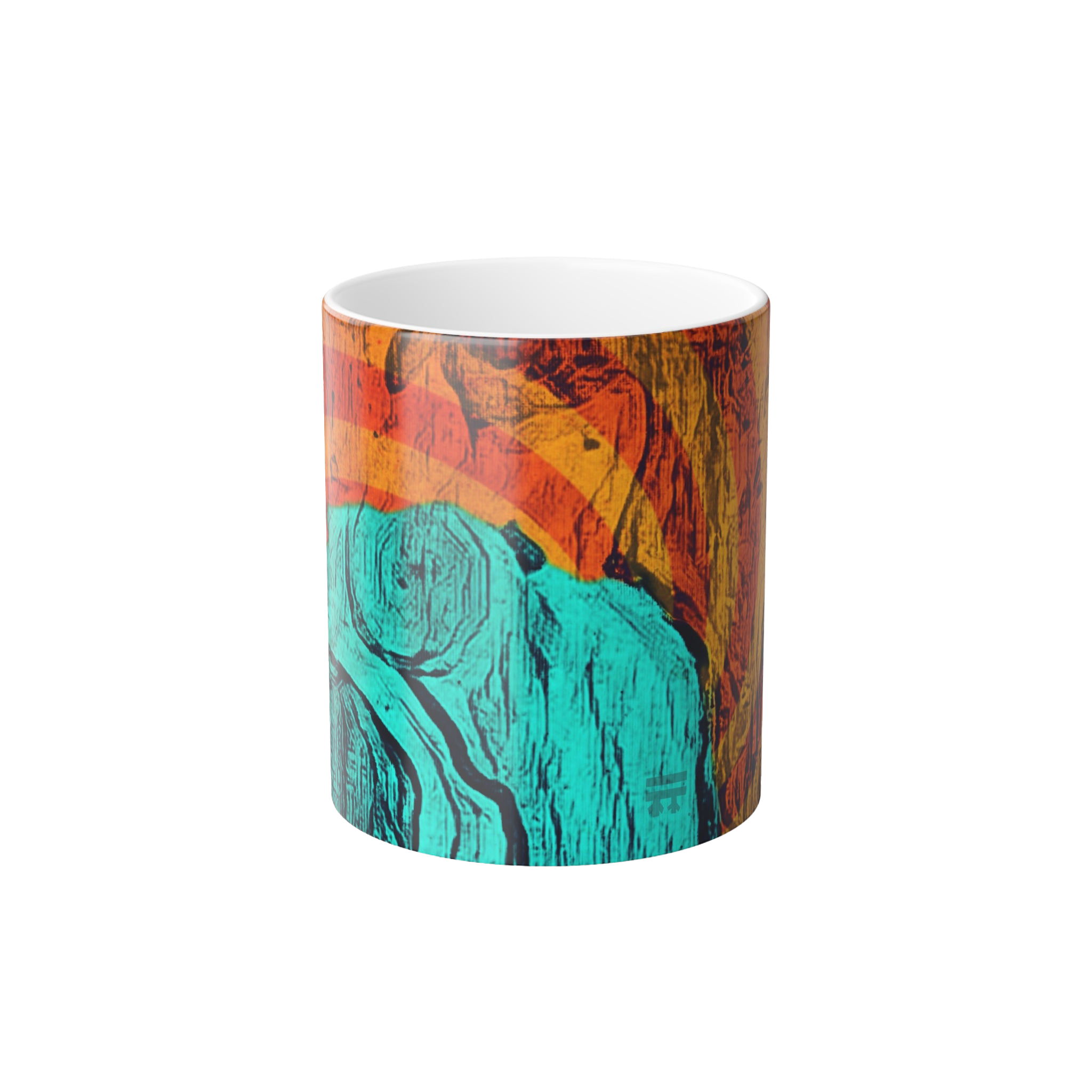 Freebrd Abstract Nude Art Morphing Ceramic Cup displaying teal, shades of orange and black color  