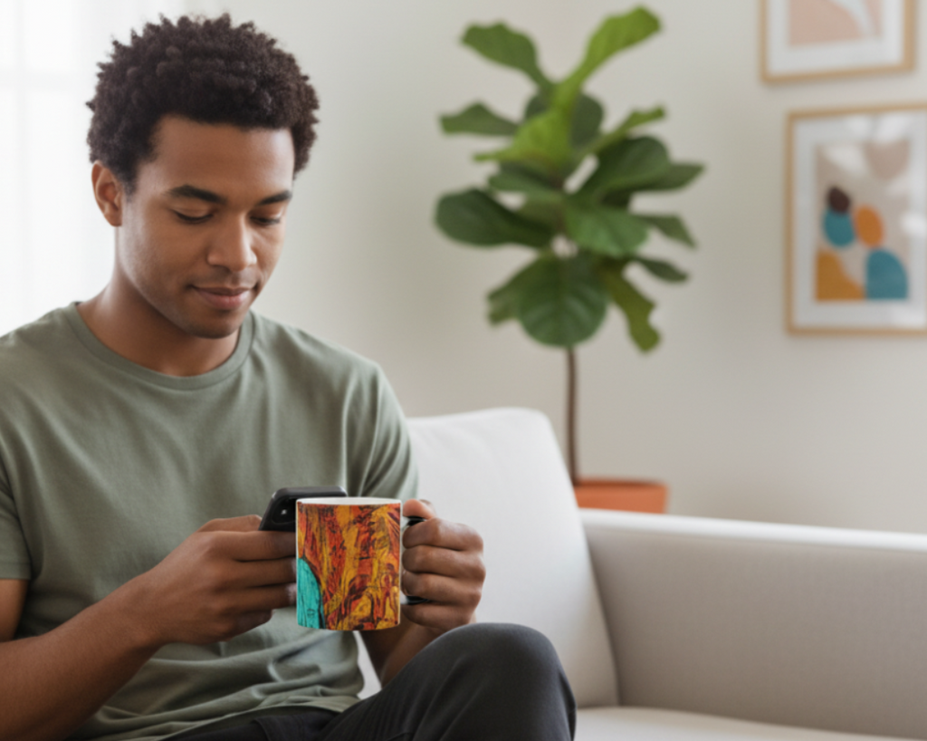 Man sitting on a couch holding a Freebrd abstract mug and phone in a living room.