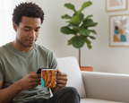 Man sitting on a couch holding a Freebrd abstract mug and phone in a living room.