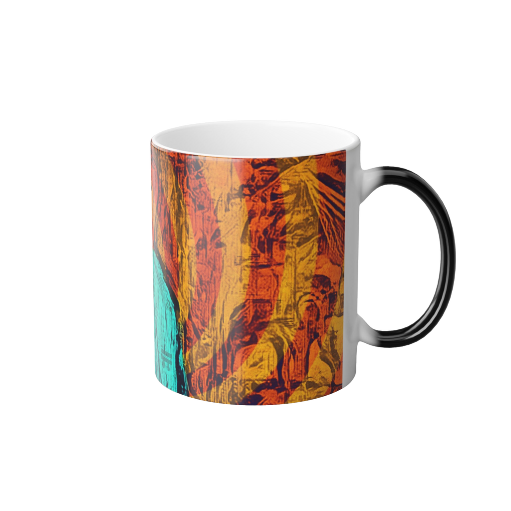 Freebrd Abstract Nude Art Morphing Ceramic Cup displaying teal, shades of orange and black color with black handle that changes to white when hot