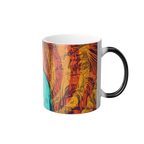 Freebrd Abstract Nude Art Morphing Ceramic Cup displaying teal, shades of orange and black color with black handle that changes to white when hot