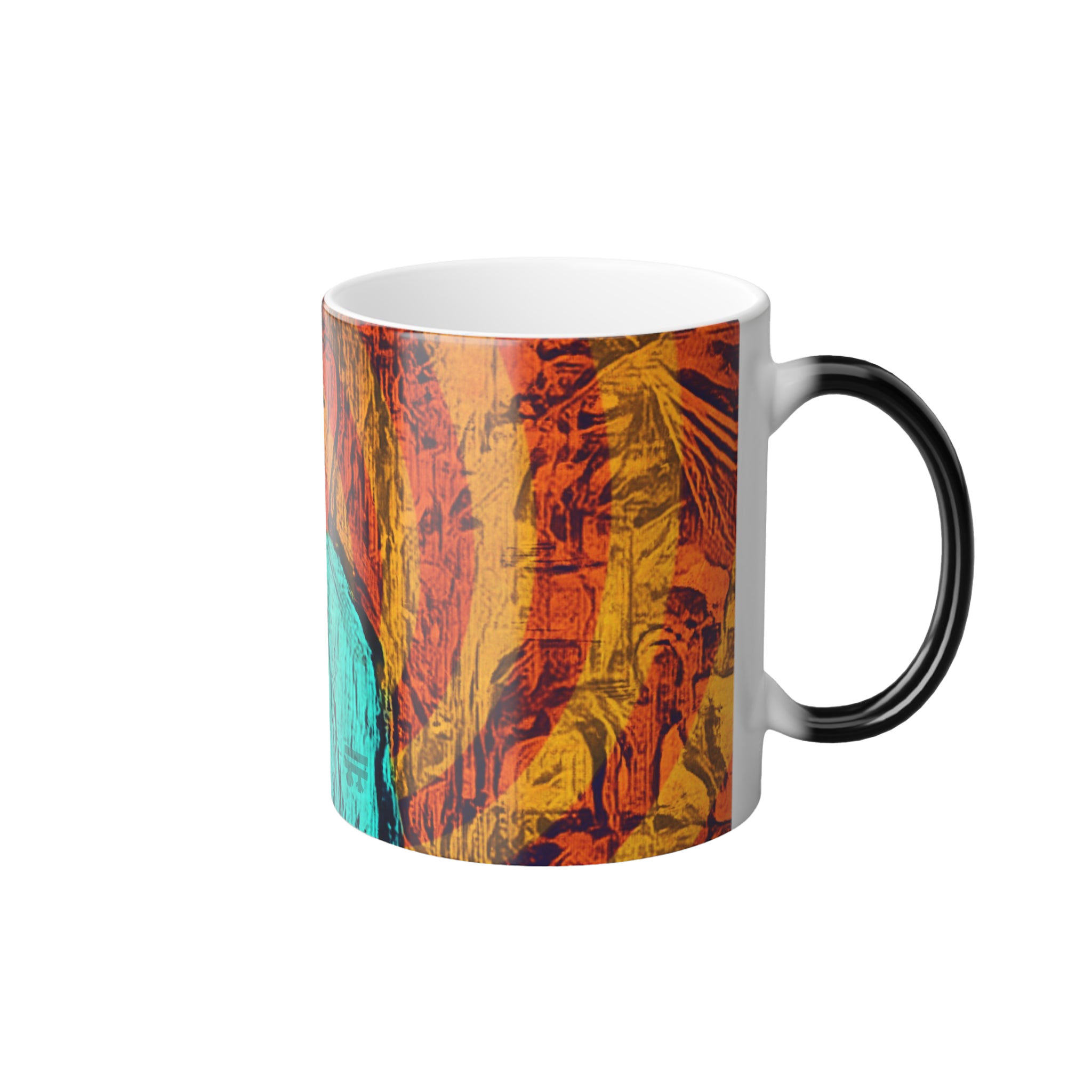 Freebrd Abstract Nude Art Morphing Ceramic Cup displaying teal, shades of orange and black color with black handle that changes to white when hot