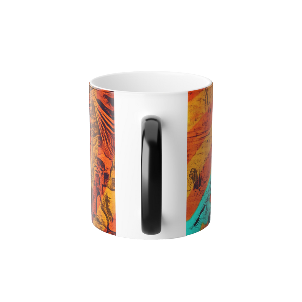 Freebrd Abstract Nude Art Morphing Ceramic back of cup view with black handle that changes to white when hot; displaying teal, shades of orange and black color
