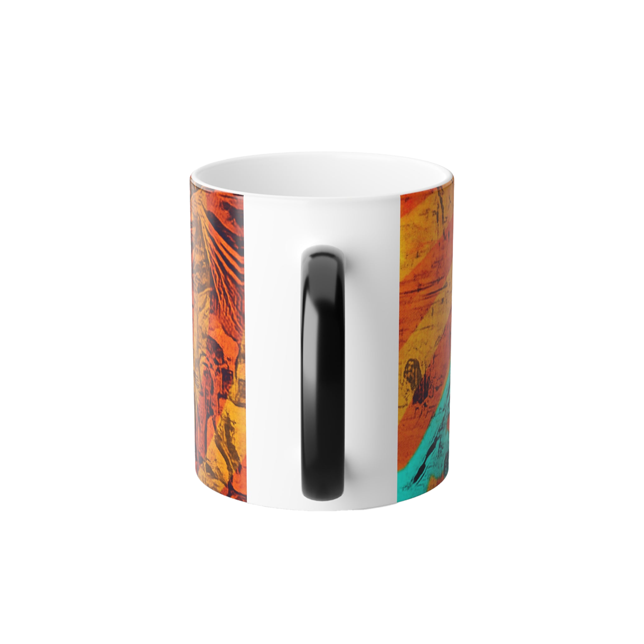 Freebrd Abstract Nude Art Morphing Ceramic back of cup view with black handle that changes to white when hot; displaying teal, shades of orange and black color